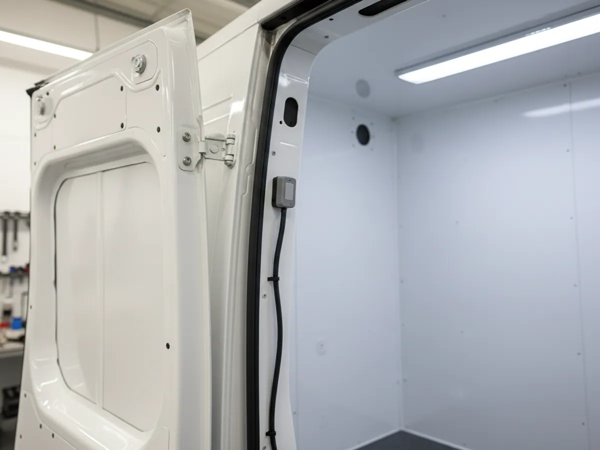 A magnetic sensor in the door frame of a refrigerated body, with the cable in conduit running into the wall