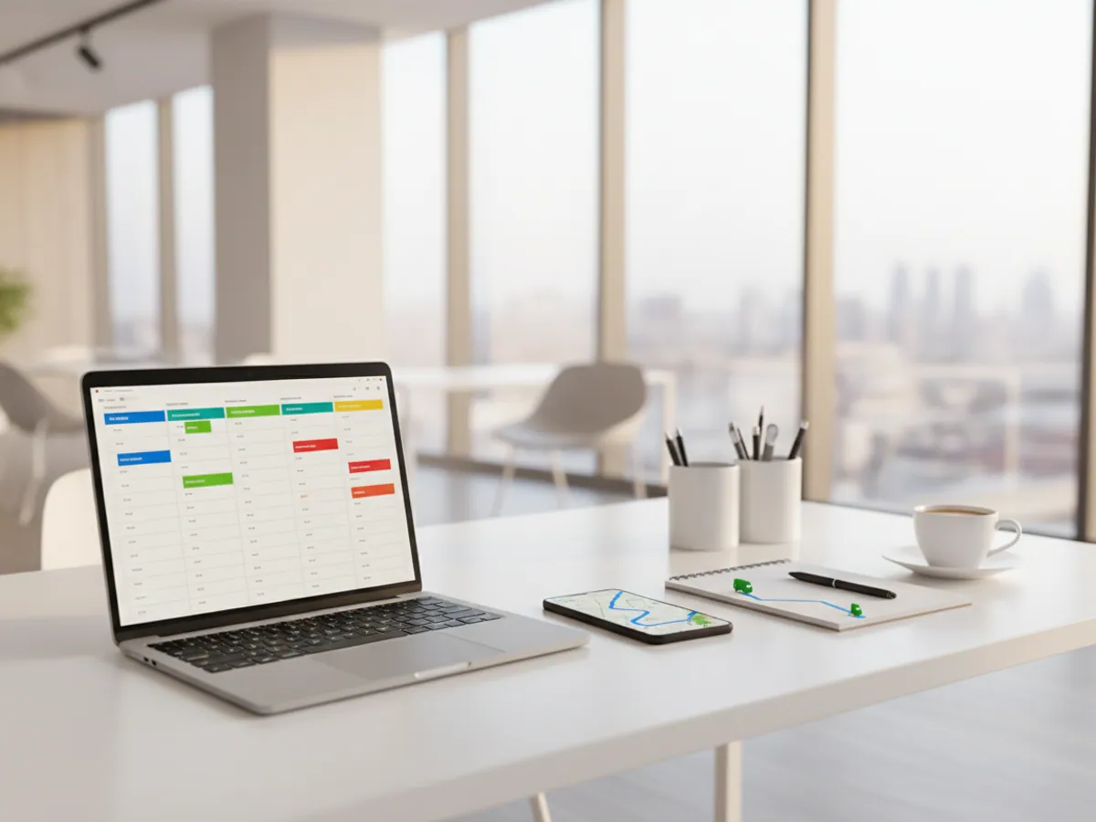 A laptop showing order cards and a smartphone showing a map of lorries on a manager's desk