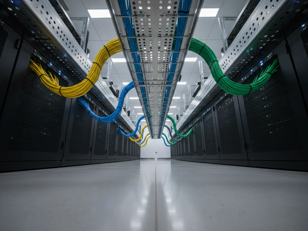 Three bundles of cable in different colours running side by side along a tray above server racks