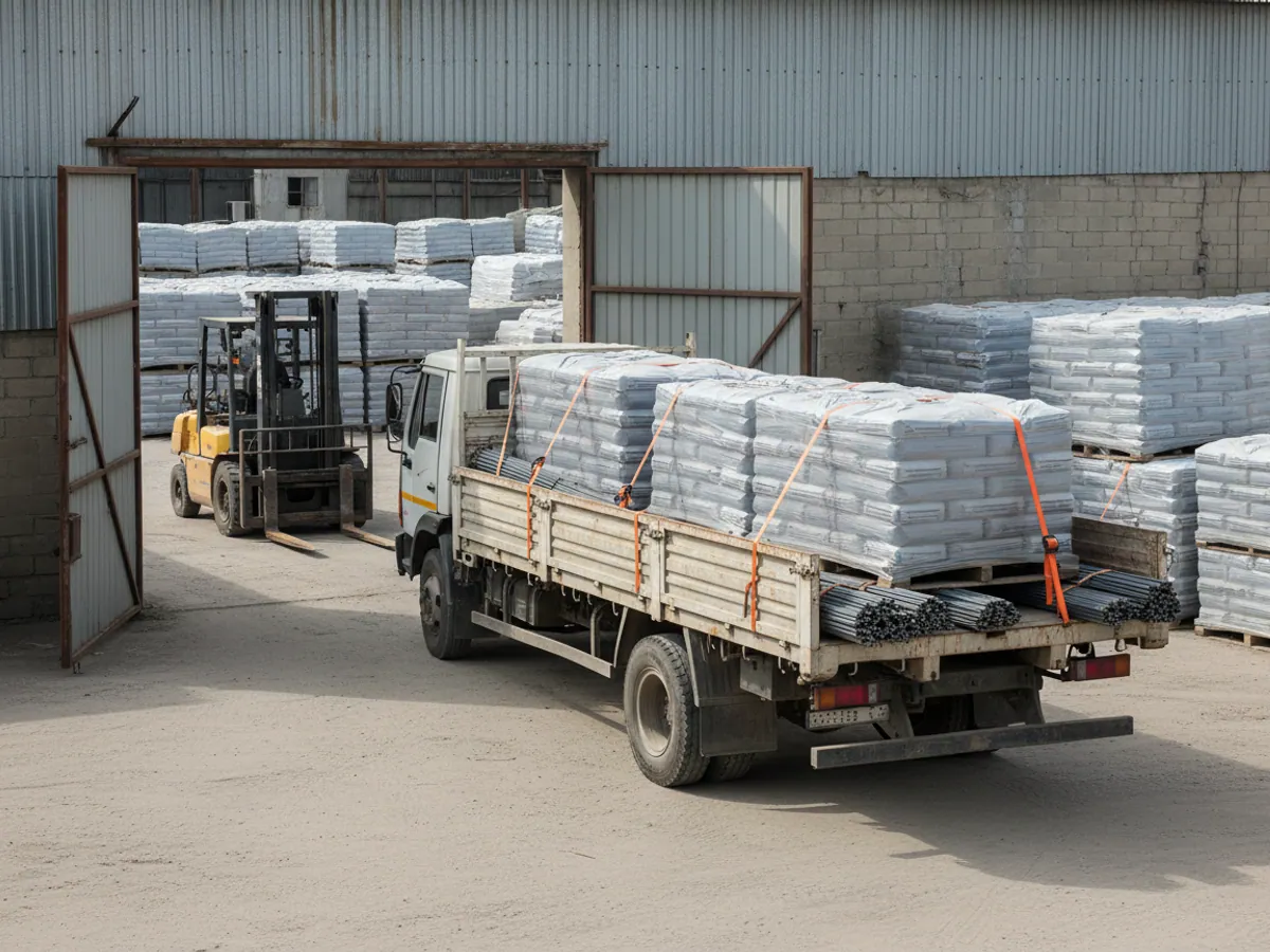 A flatbed lorry loaded with pallets of cement and reinforcing bar, ready to leave the warehouse