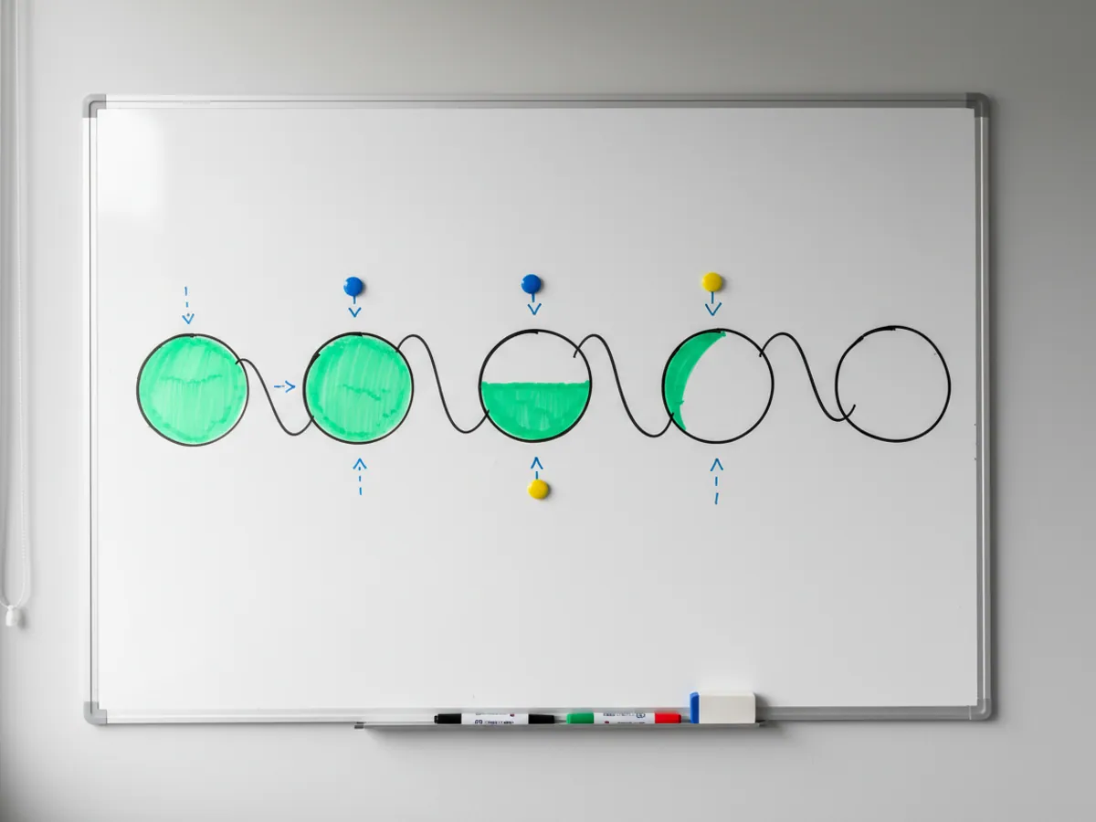 A whiteboard with a five-stage diagram, three of them filled in green