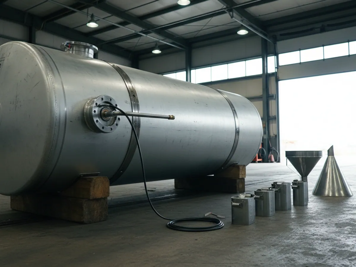 A removed fuel tank with a level sensor and measuring cans for calibration