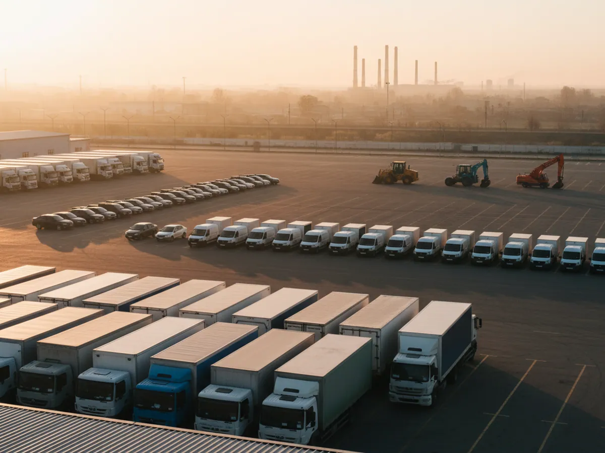 A mixed fleet outside a warehouse: lorries, vans, cars and plant