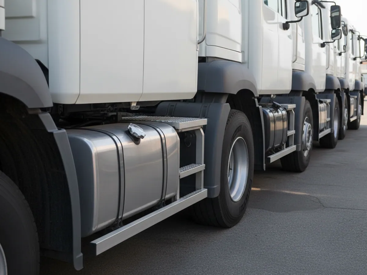 Fuel tanks of different shapes and capacities on three lorries standing in a row