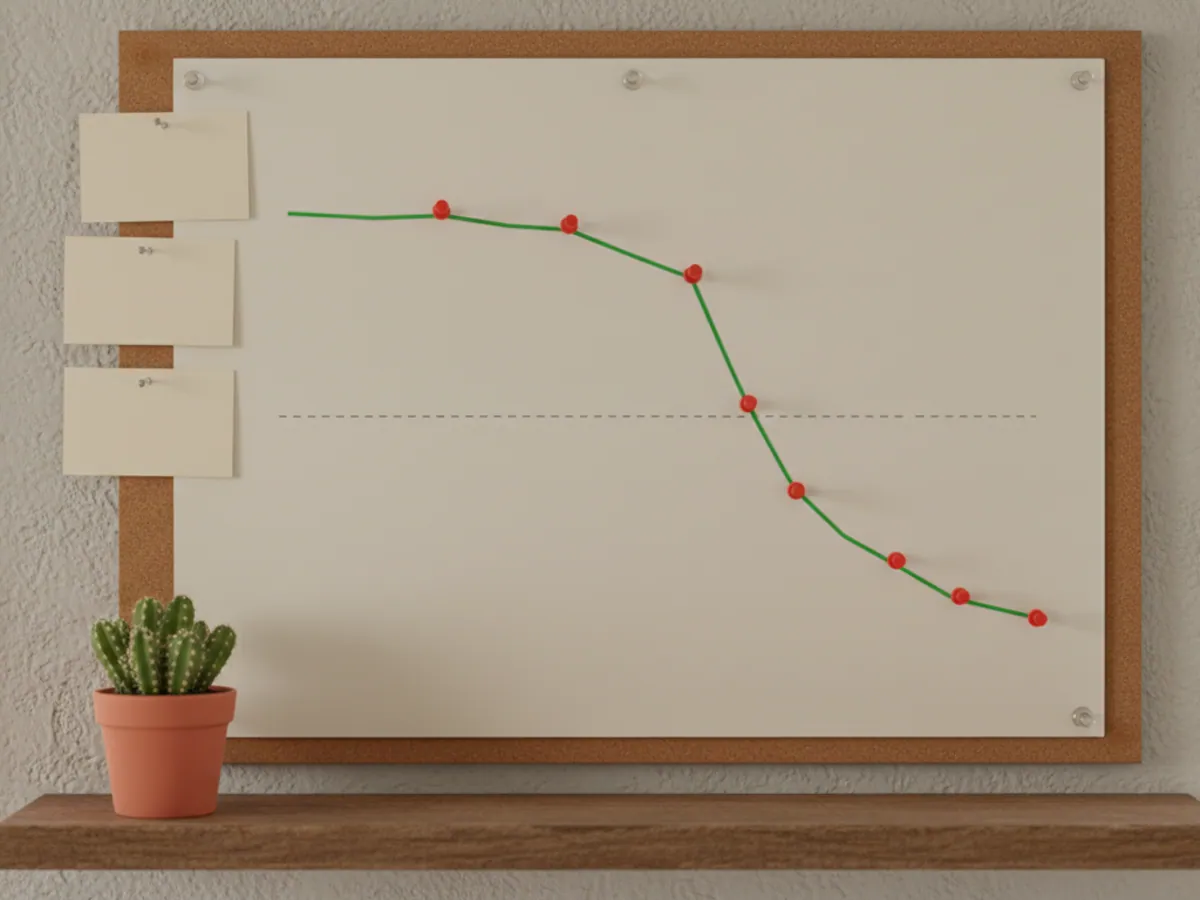 A corkboard with a chart running below the baseline, checkpoints marked with red pins