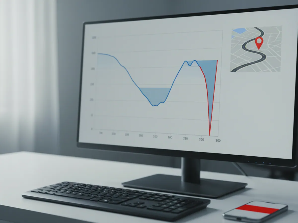 A monitor showing a fuel level chart with a sharp drop marked in red and a pin on the map beside it