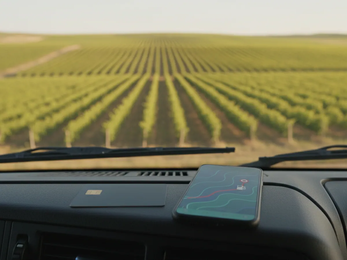 A fuel card and a smartphone showing a track on the dashboard, vineyards beyond the windscreen