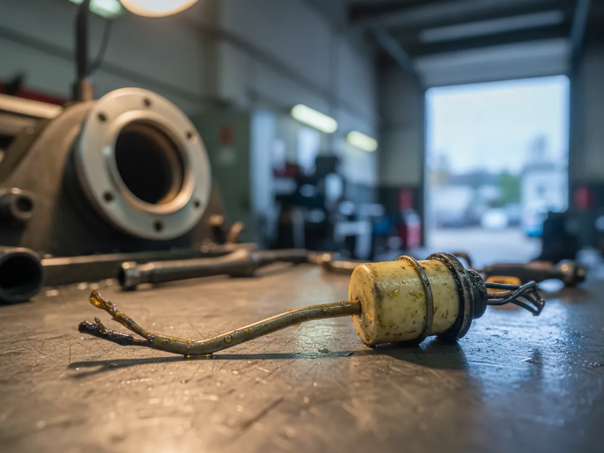 A worn factory float fuel sender on a workbench beside the tank of a tractor unit