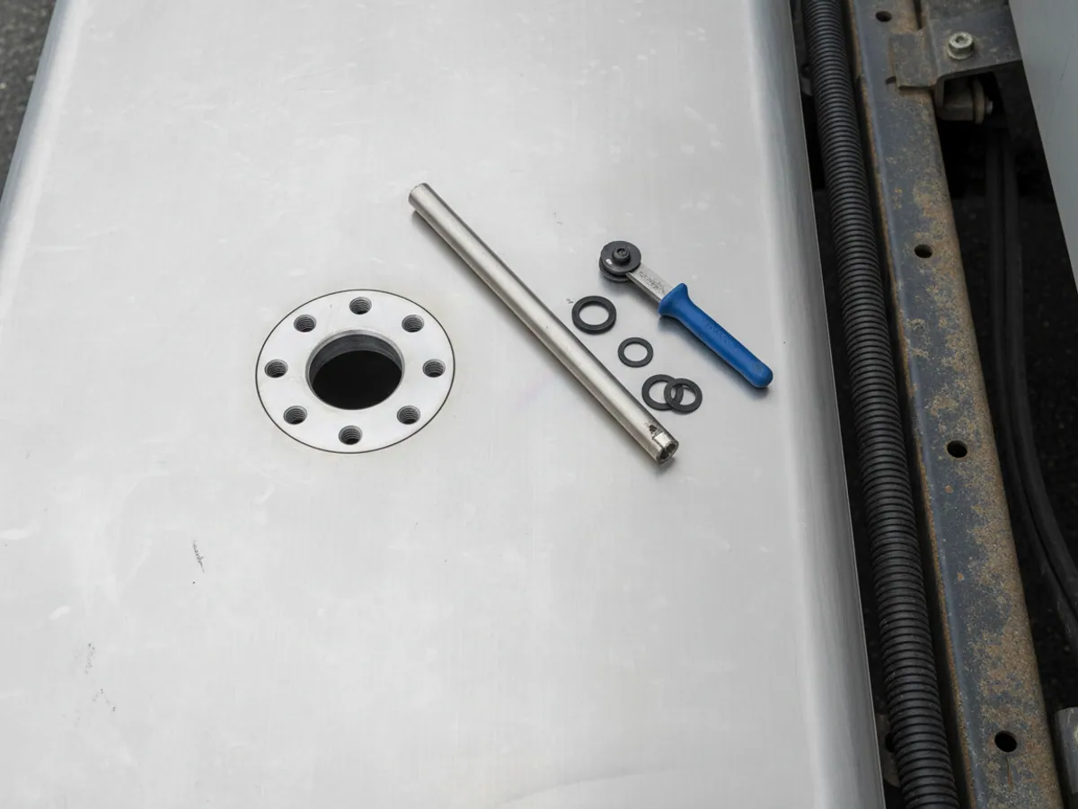 The top of a fuel tank: the mounting hole and the sensor tube cut to the depth of the tank
