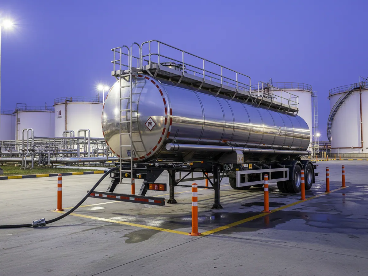 A fuel tanker under the loading gantry of an Absheron oil depot, with an earthing cable attached to the barrel