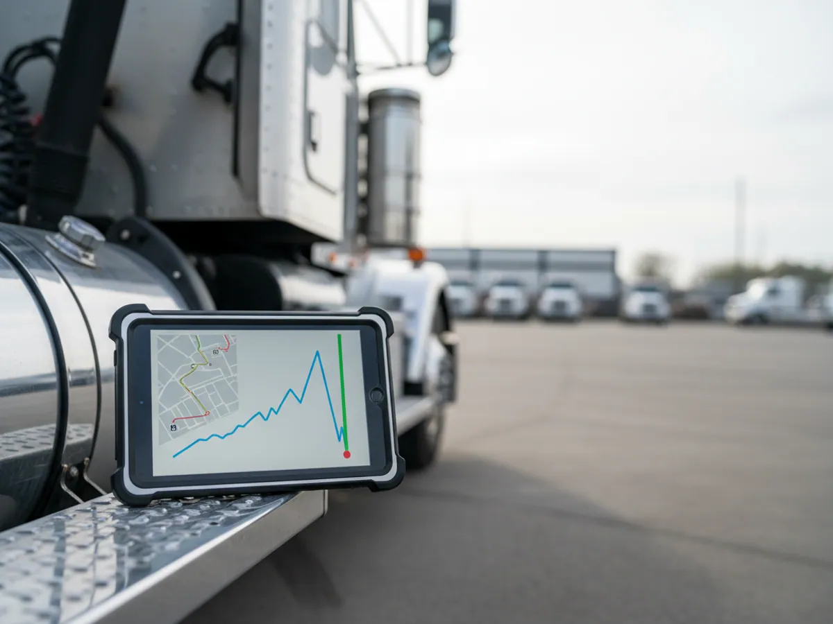 A tablet on the step of a tractor unit showing a fuel chart: a refuelling and a sharp drop in level