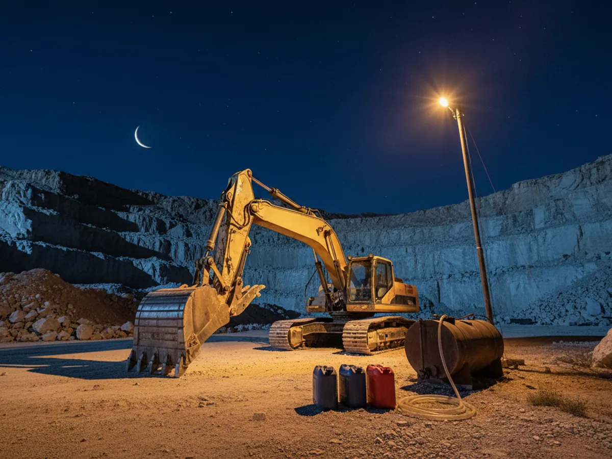 An excavator at night in a quarry, with jerrycans and a hose beside the fuel tank