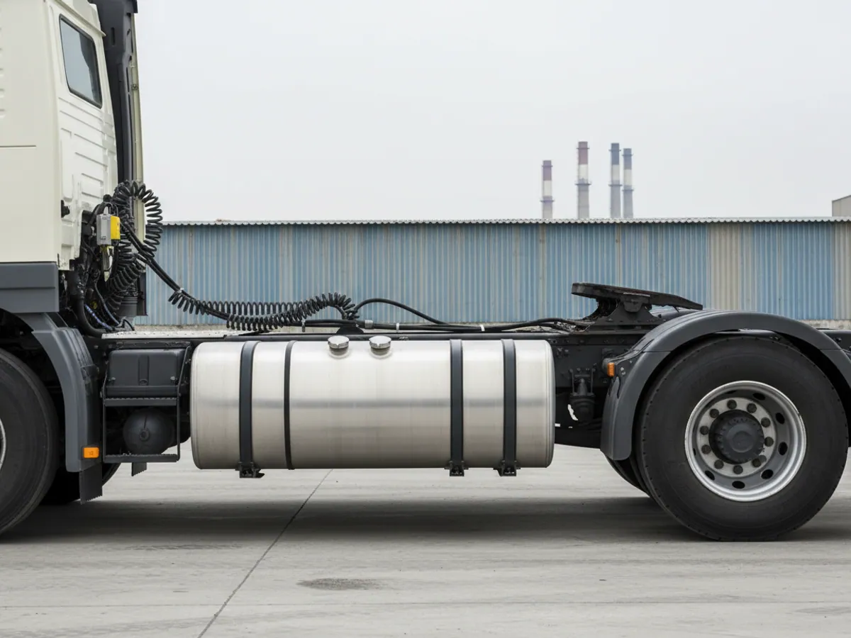 Two aluminium fuel tanks of different capacity on the chassis of a tractor unit, seen from the side
