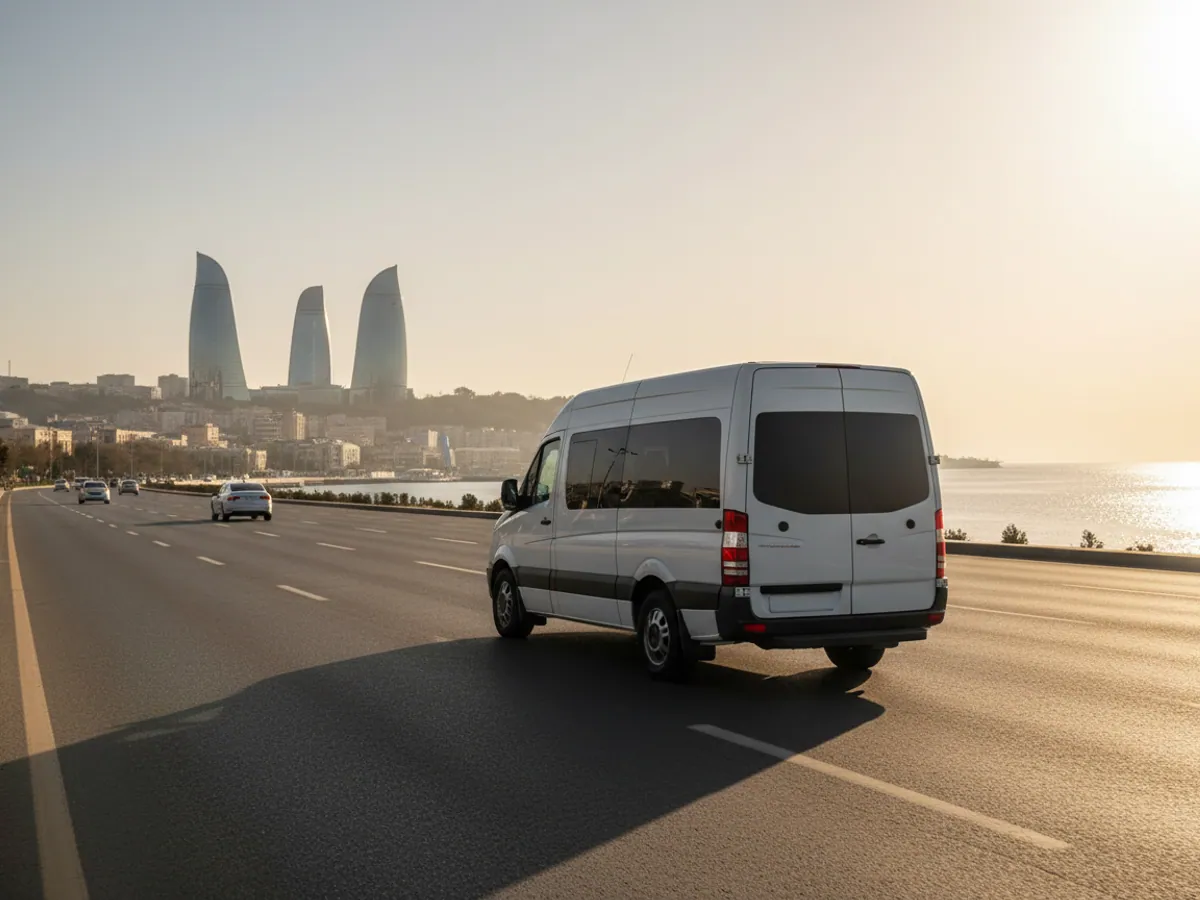 A white van driving along the Baku seafront avenue in the morning, with the Flame Towers in the distance