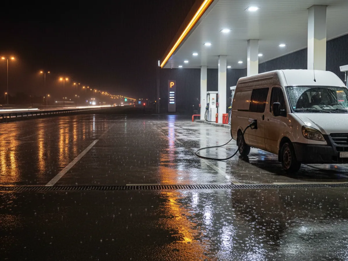 A white van refuelling at night at a filling station beside the road after rain