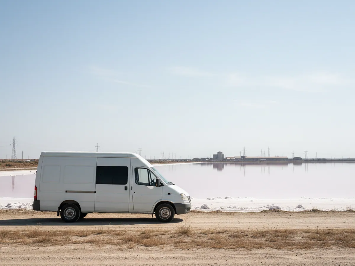 A white delivery van on the verge beside the pink salt lake at Masazir