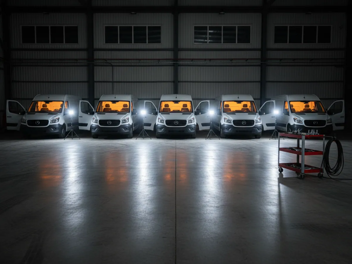 A workshop at night: a row of white vans with their doors open, lamps and a trolley alongside