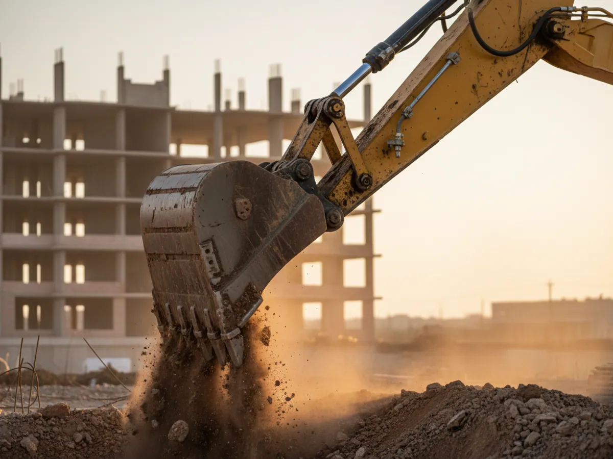 An excavator boom with the rams extended, the bucket biting into stony ground