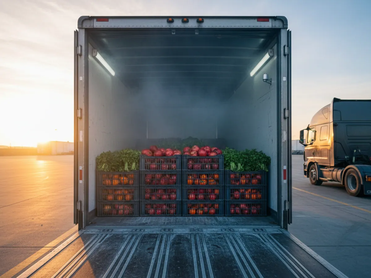 An open refrigerated body with crates of pomegranates, persimmons and greens, cold mist drifting out