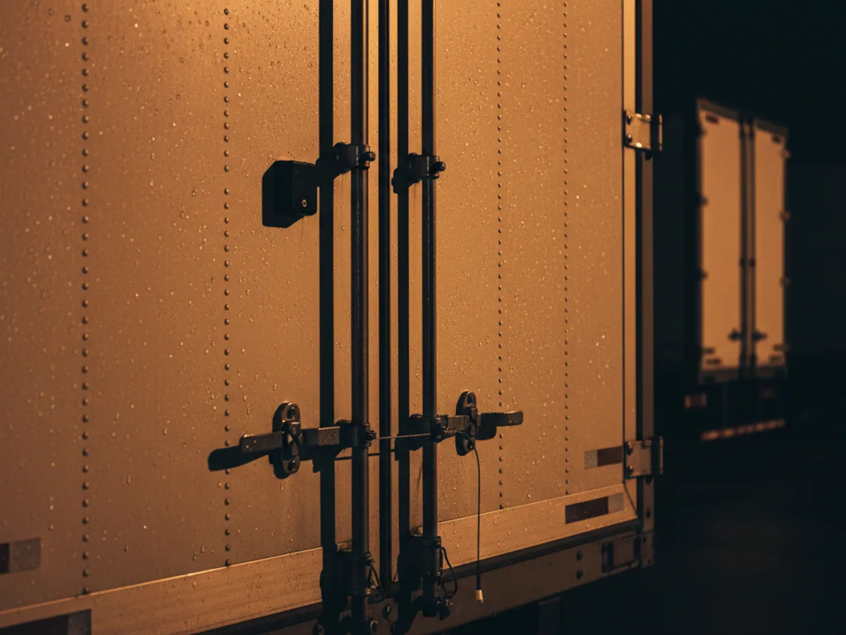 The rear doors of a semi-trailer at night: locking bars and a cable seal on the handle