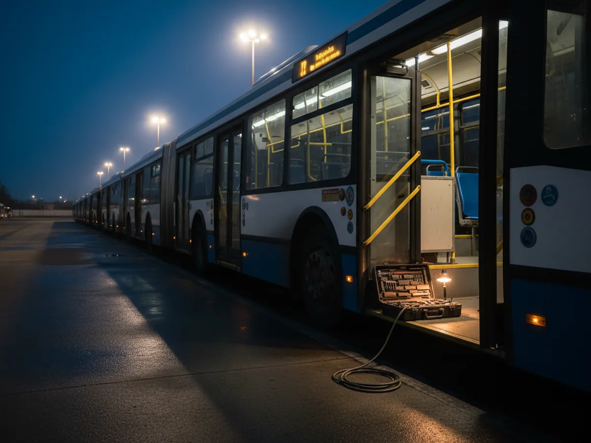 Ночной автобусный парк, в одном автобусе горит переносная лампа монтажника