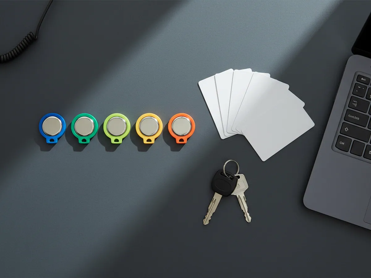 Driver identification keys, RFID cards and a bunch of vehicle keys on a desk