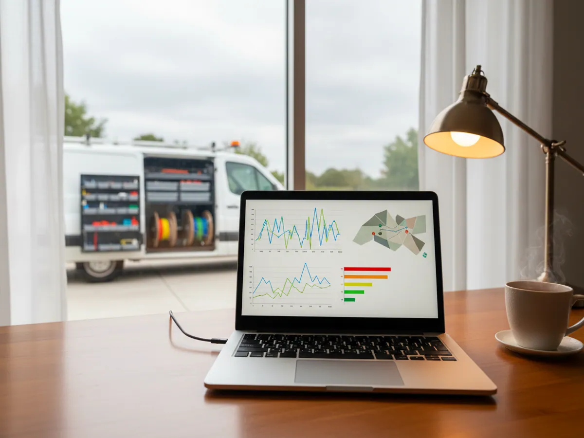 A laptop showing diagnostic graphs by a window, a service van parked in the yard outside