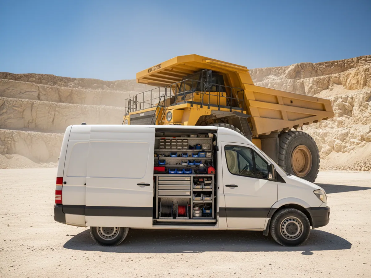 A service van with its door open beside a tipper in a quarry at Garadagh