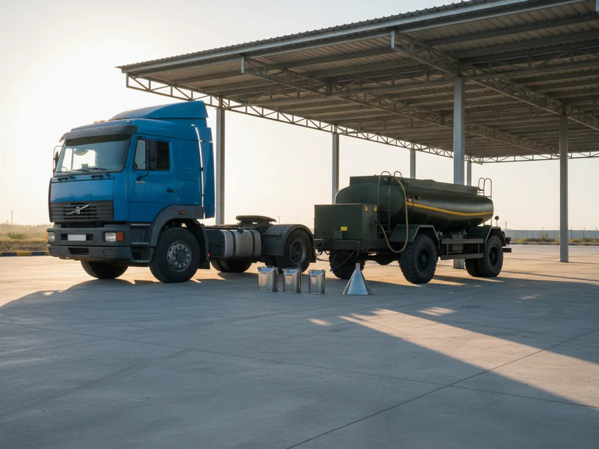 A tractor unit under a canopy on level ground, a fuel bowser and measuring vessels beside it