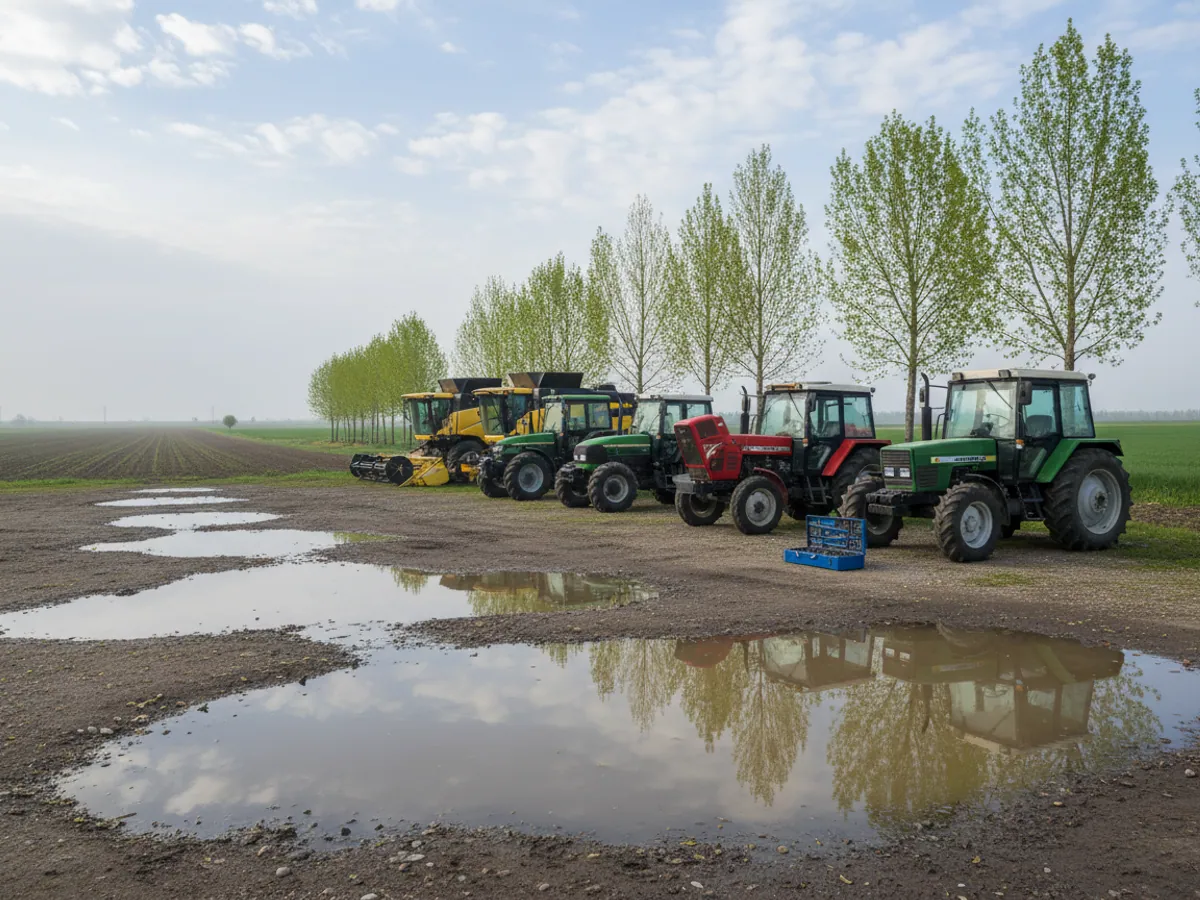 Tractors and combines lined up in the machinery yard in spring ahead of the season