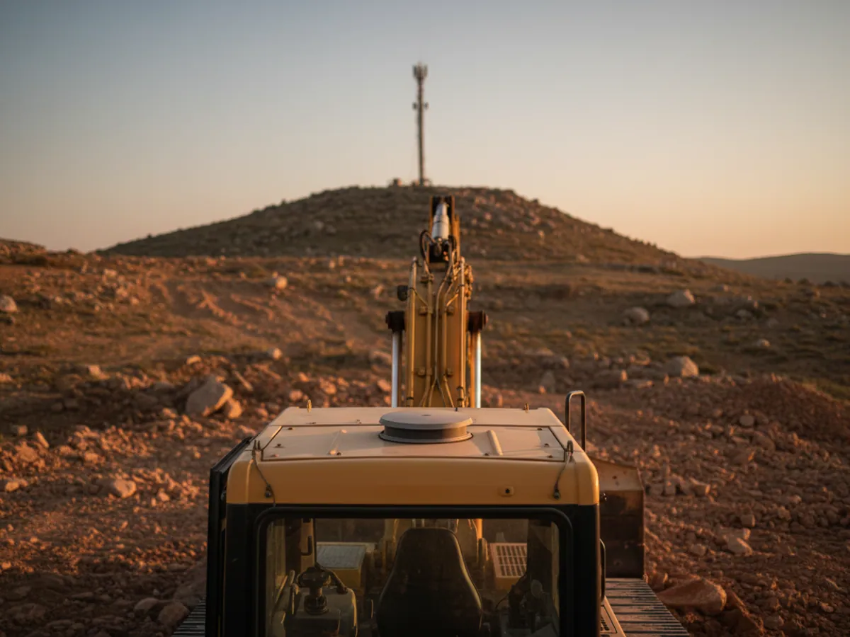 The roof of an excavator cab with its aerial, a mobile mast on the ridge behind