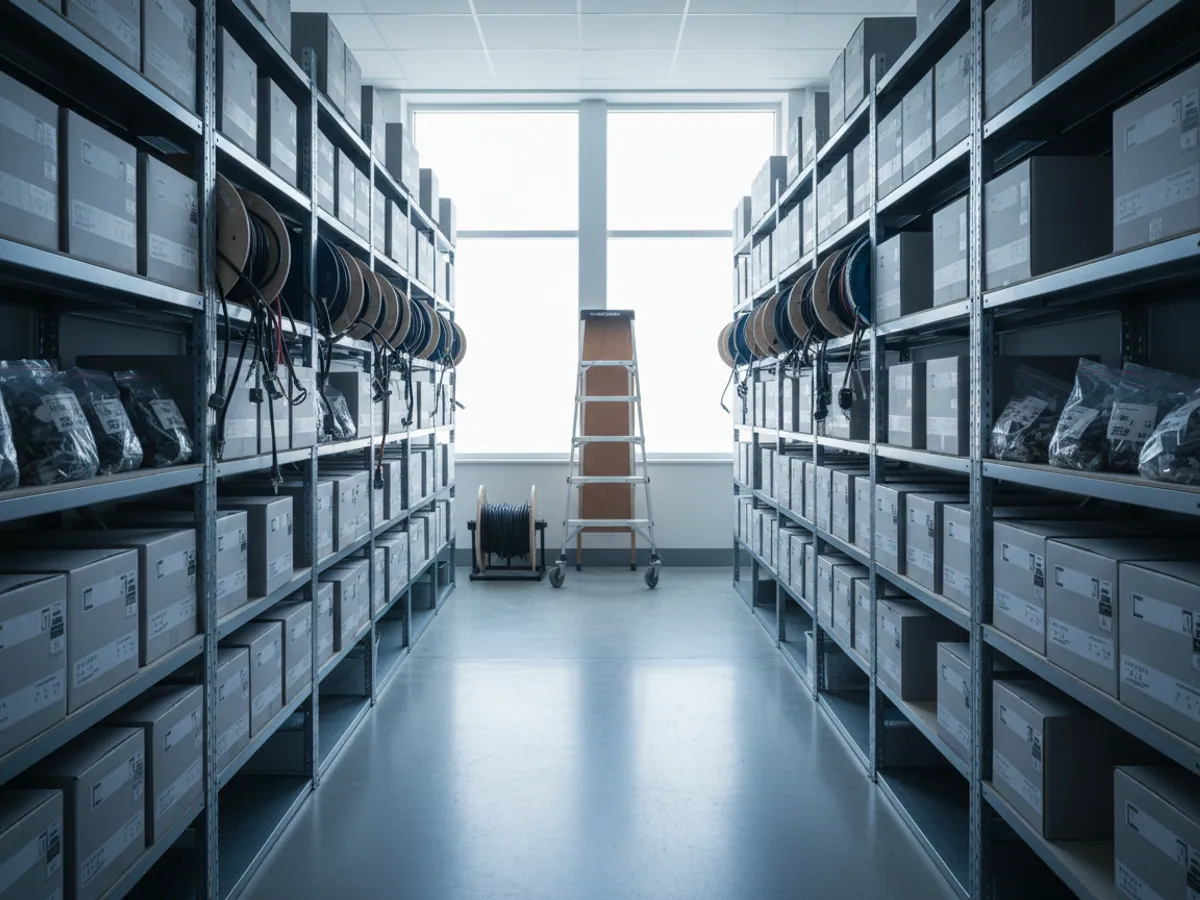 Warehouse racking with identical boxes of replacement equipment and coils of cable