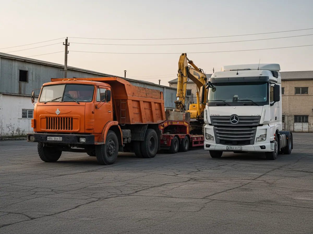 Старый оранжевый самосвал рядом с новым тягачом, позади экскаватор на трале