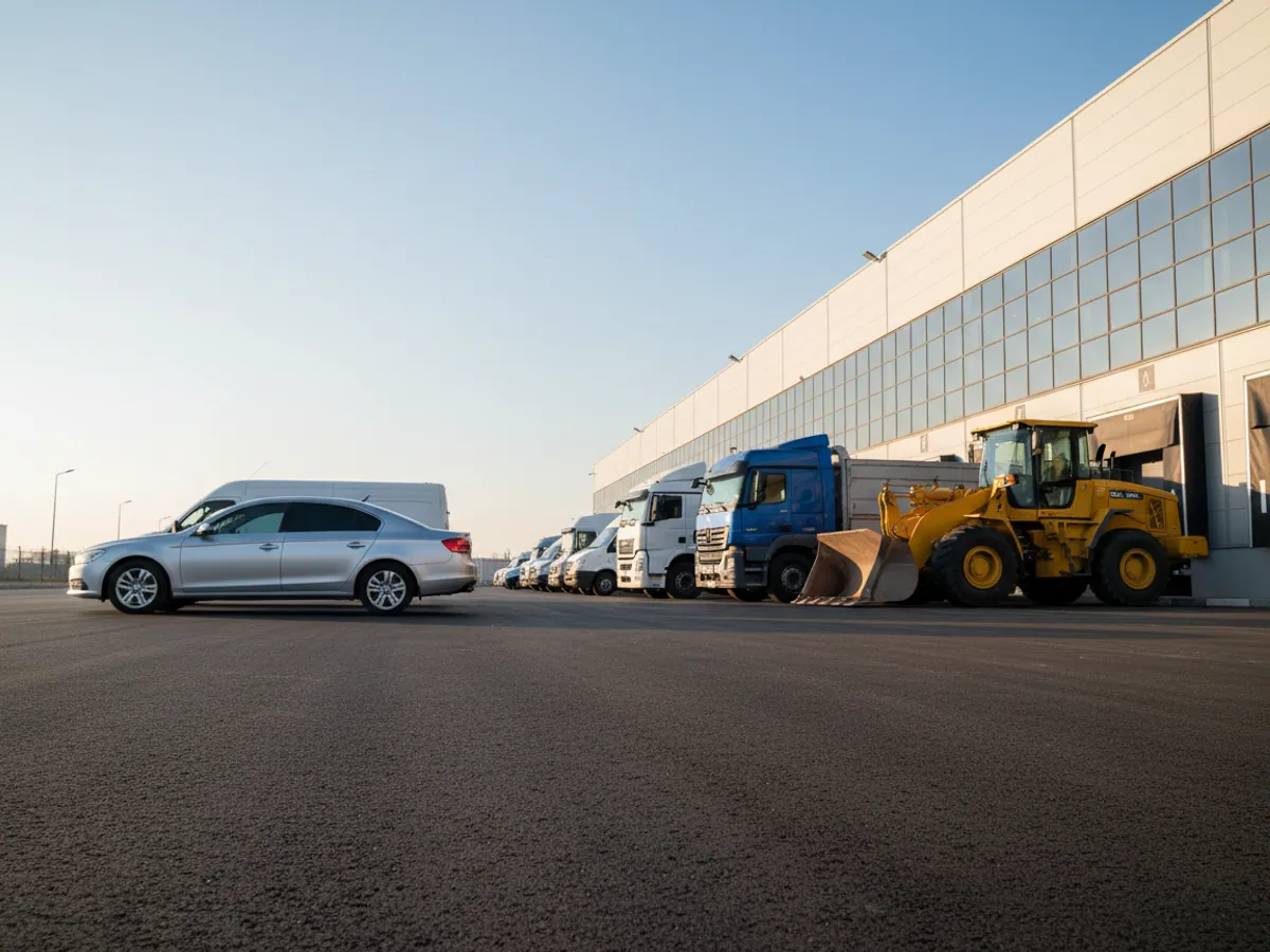 A saloon car, a van, lorries and a loader lined up outside a warehouse