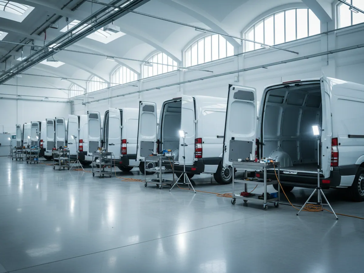A row of white vans with their doors open in a bright hangar during fitting