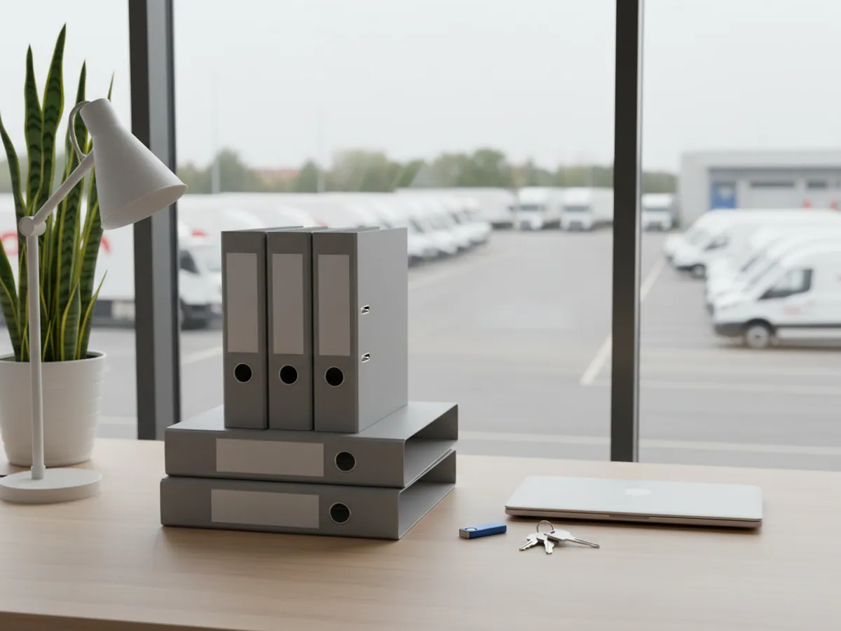 Folders of documentation, a laptop and keys on a desk, with a lorry park beyond the window