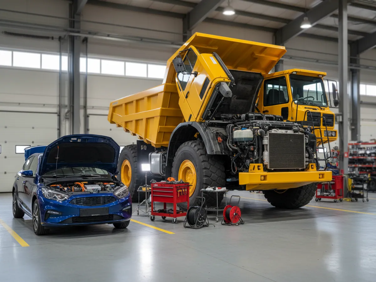 A saloon car with its bonnet up standing next to a tipper with its cab tilted forward in a workshop