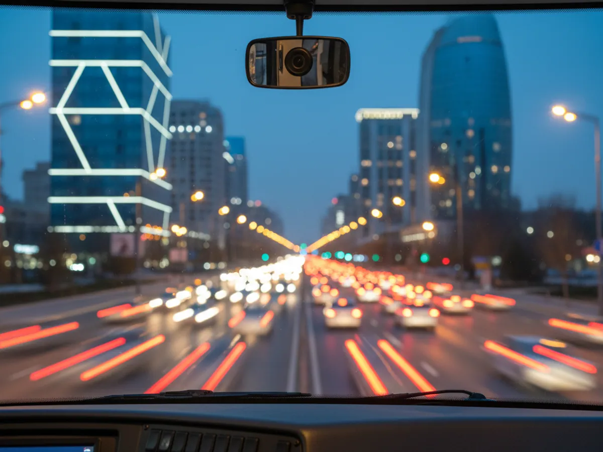 A camera on the windscreen of a city bus, with an evening avenue beyond the glass
