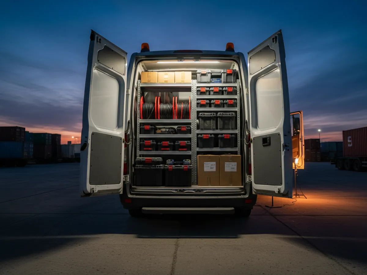 A service van with spare equipment beside an articulated lorry in an evening yard