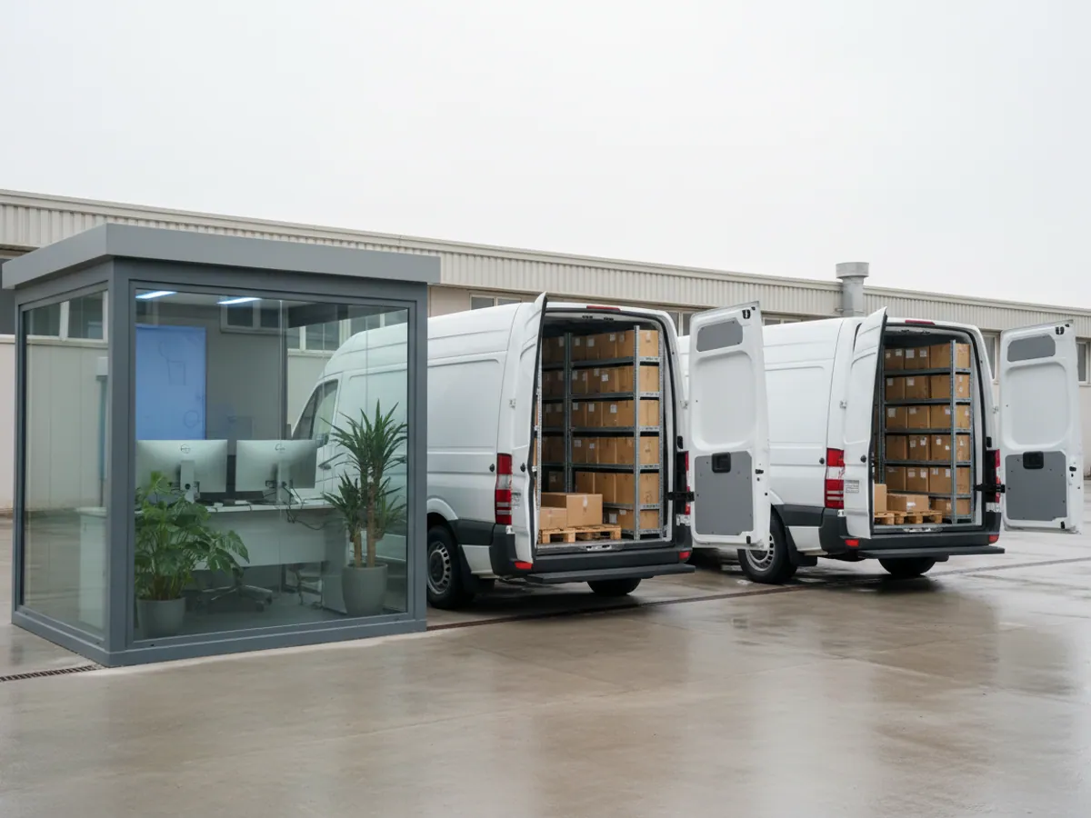 A glass-walled dispatch room with monitors, and two vans with their doors open and parcels inside