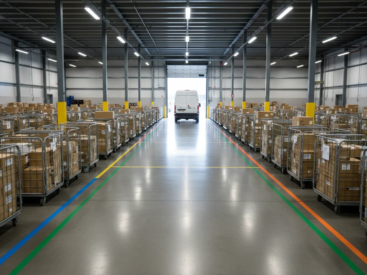 Trolleys of boxes on colour-coded staging areas in a courier depot by open doors