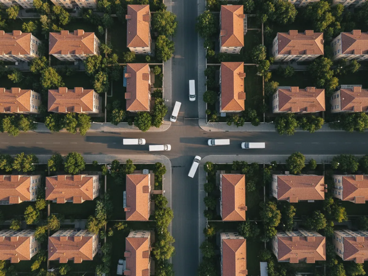 An aerial view of five delivery vans fanning out from the warehouse gates into different streets