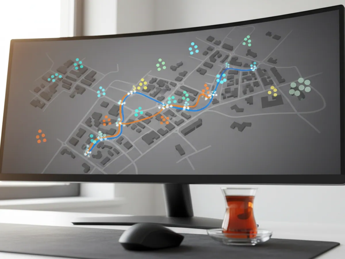 A monitor showing a map of orders and routes, with a mouse and an armudu glass of tea beside it