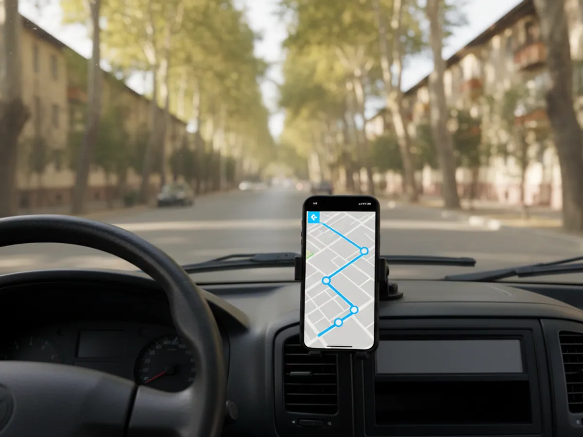 A smartphone with a navigation map in a cradle on a van's dashboard, a Baku street beyond the windscreen