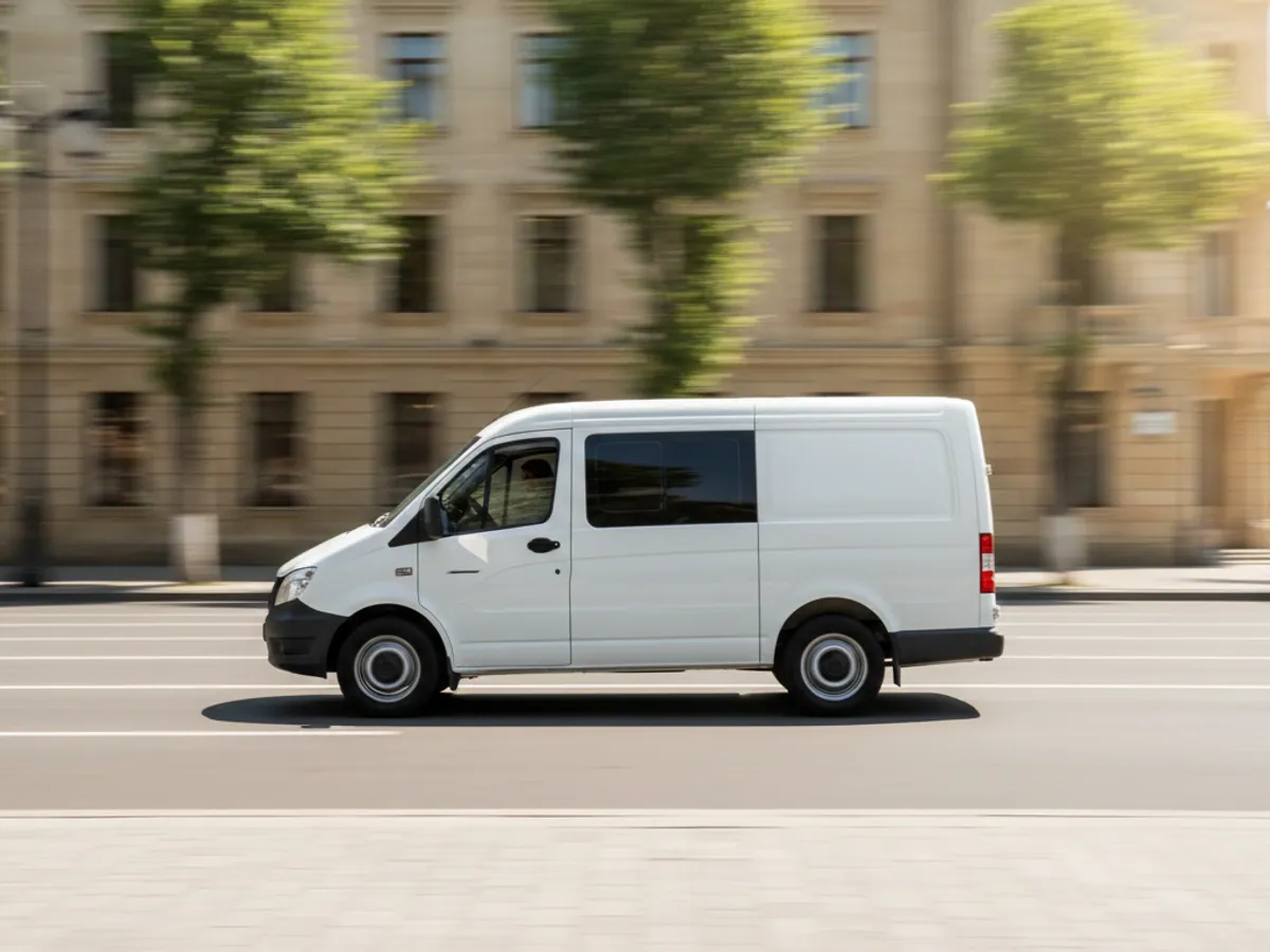 A white delivery van on the move along a sunlit Baku avenue