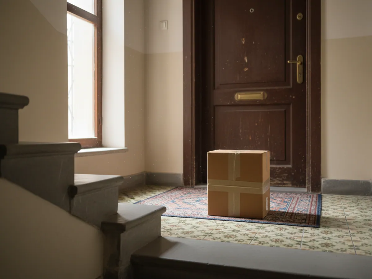 A parcel on the mat at a wooden flat door in the stairwell of an old Baku building