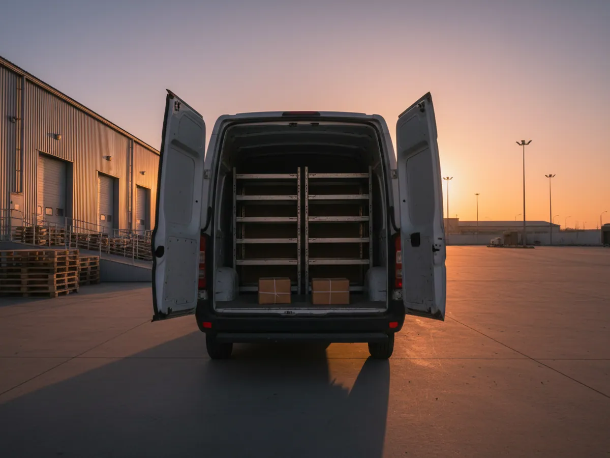 A van at the dock at sunset, two parcels left in an almost empty load space