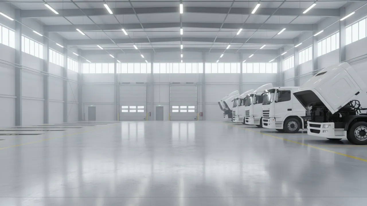 A spacious lorry service hall with tractor units along the wall, cabs tilted forward