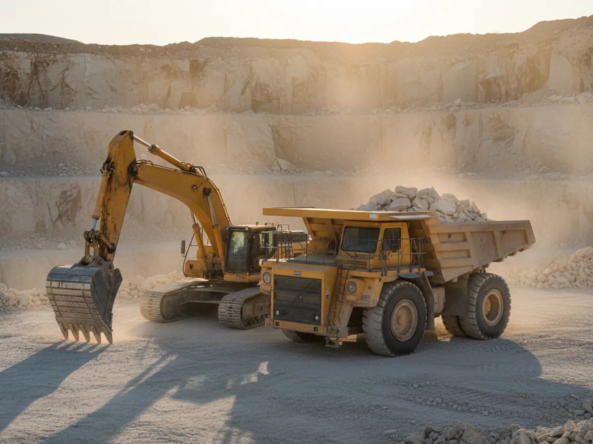 An excavator and a tipper at the edge of a limestone quarry on Absheron at the end of a shift